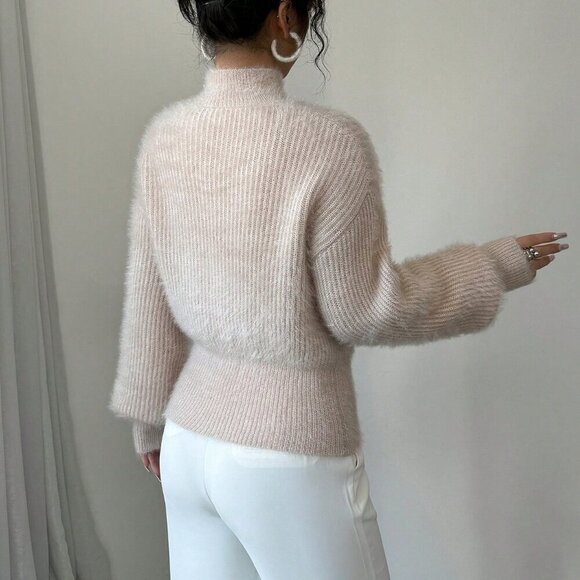 Apricot Casual Women's Stand Collar Bow Decor Sweater - Picture 2 of 7